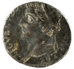 Ancient Roman silver denarius coin of Emperor Tiberius. Incuse of obverse. Reverse.