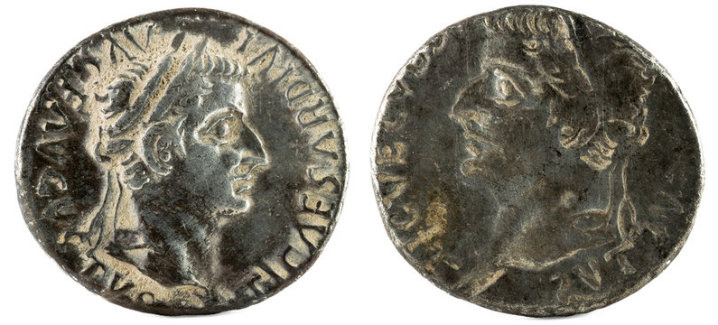 Ancient Roman silver denarius coin of Emperor Tiberius. Reverse incuse of obverse.