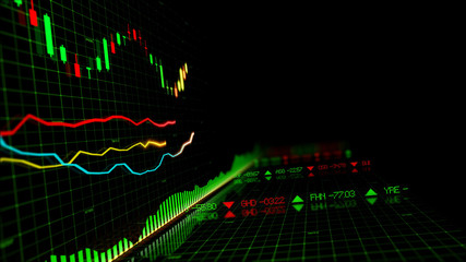 3D rendering of stock indexes in virtual space. Economic growth, recession