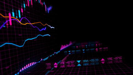 3D rendering of stock indexes in virtual space. Economic growth, recession