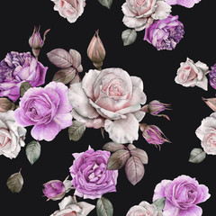 Floral seamless pattern with watercolor white and violet roses