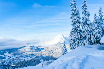 View of winter landscape with snow covered Alps in Seefeld in the Austrian state of Tyrol. Winter in Austria