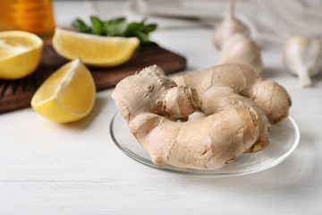 Composition with ginger on table. Cough remedies