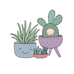 set with cute cartoon succulents. cactus and aloe in pots.