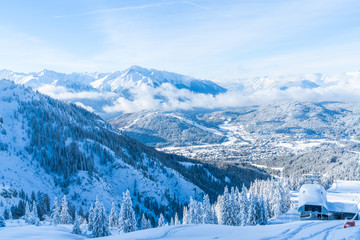 Obraz premium View of winter landscape with snow covered Alps in Seefeld in the Austrian state of Tyrol. Winter in Austria