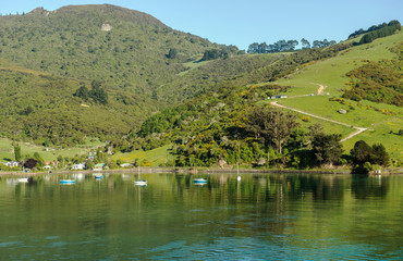 Obraz premium Sea approach to Port Chalmers, the port for the city of Dunedin in the South Island of New Zealand