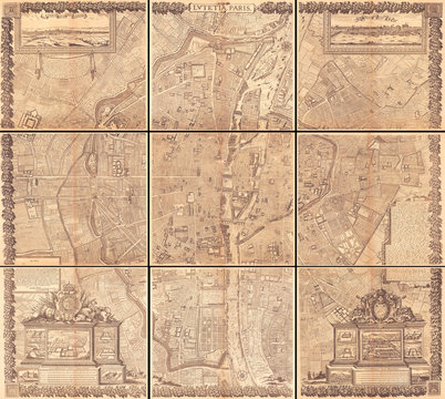 1652, Gomboust 9 Panel Map of Paris, France, c. 1900 Taride reissue