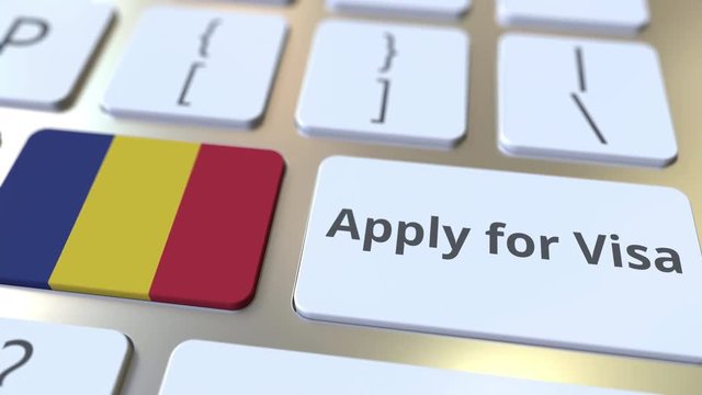 APPLY FOR VISA text and flag of Romania on the buttons on the computer keyboard. Conceptual 3D animation