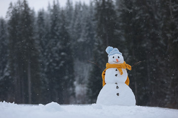Naklejka premium Adorable smiling snowman outdoors on winter day. Space for text