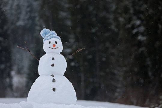 Fototapeta Adorable smiling snowman outdoors on winter day. Space for text