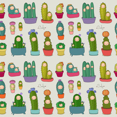 Cute cartoon cactus and succulents in pots. vector illustration. Pattern with cacti.