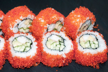 Overhead japanese sushi food. Maki ands rolls with tuna, salmon, shrimp, crab and avocado. Top view of assorted sushi, all you can eat menu. Rainbow sushi roll, uramaki, hosomaki and nigiri.