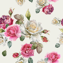 Floral seamless pattern with watercolor white and pink roses - 244581295