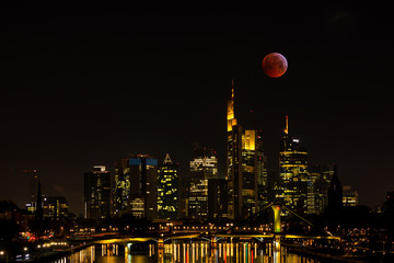 Blood Moon over the skyline of Frankfurt am Main