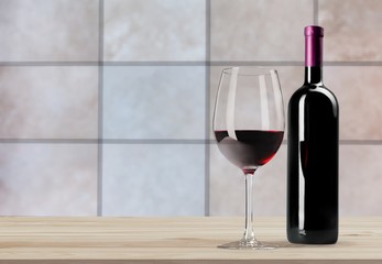 Red wine glass and bootle with shadow on withe background