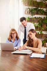 Teamwork in the office. Group of business people working together on laptop in the office