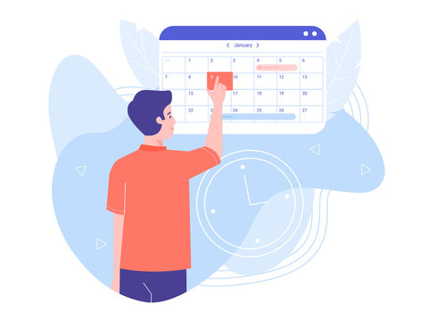 A man makes an appointment with an online doctor. On the calendar selects the desired date. Colorful trend vector illustration.