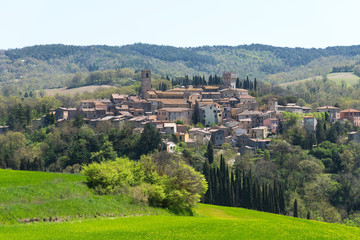 San Casciano dei Bagni, one of the most beautiful villages of Italy. Beautiful areal landscape of a small rural village on the hill, Tuscany, Italy.