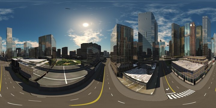 HDRI, environment map , Round panorama, spherical panorama, equidistant projection, panorama 360, Modern city at sunrise