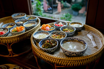 Delicious thai food set served on bamboo plate. lunch and or dinner set of culture thai food.
