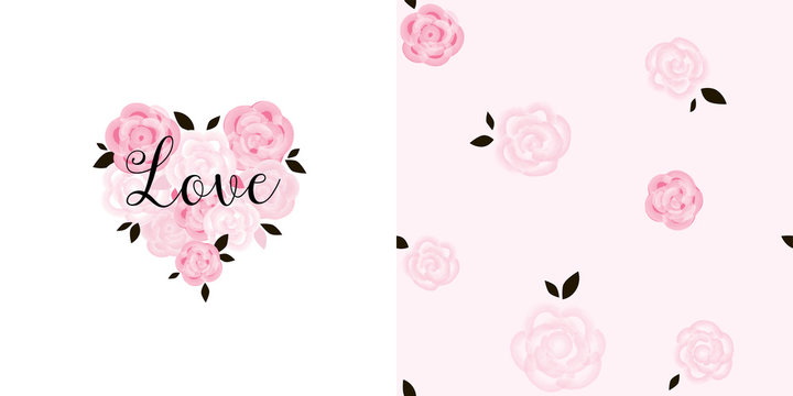 Typographic print with love lettering on heart shaped rose bouquet. Rose floral seamless pattern. Pink colour. Perfect for baby girl fabric, textile, apparel, pyjamas, t-shirt print, Valentines Day