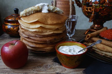 Pancakes Week table with caviar