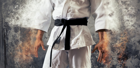 Guy poses in white kimono with black belt.