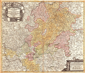 Naklejka premium 1730, Homann Map of the Upper Rhine, Frankfurt, Cassel, Coblentz, Darmstadt