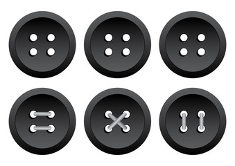Black round clothing buttons with thread. Vector illustration