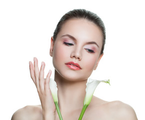 Isolated young woman with white flowers. Facial treatment, cosmetology, beauty, skincare and spa concept