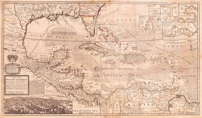 1732, Herman Moll Map of the West Indies, Florida, Mexico, and the Caribbean