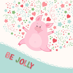 Vector illustration with jolly piglet, confetti, stars and hearts. Cartoon style vector illustration. Great for covers, cards, banners, envelopes, stickers, flyers.