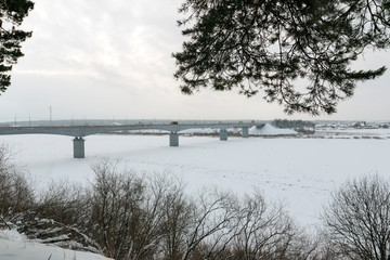 Bridge over a frozen river in winter, framed by bushes and tree branches in the foreground