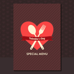 Valentine's day special menu design with heart shape, spoon, fork and ribbon - vintage style flat design