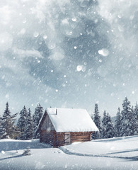 Fantastic winter landscape with wooden house in snowy mountains. Christmas holiday postcard collage. DOF bokeh light postprocessing effect