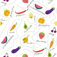 Cute fruits and vegetables with their names seamless pattern. Hand drawn elements on the white background. Vector illustration.