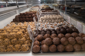 Assortments of pralines displayed for sale