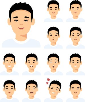 Set of isolated different facial emotions young asian man in colorful flat style. Collection of various expressions chinese avatar guy smile, happy, angry, sad, funny