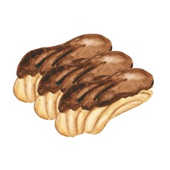 three eclairs with chocolate cream on a white background. Watercolor.