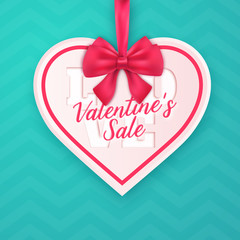 Fototapeta na wymiar Valentine's Day heart shaped sales ad design with ribbon and bow on turquoise chevron background