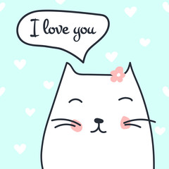 Cute cat in love illustration with speech bubble and text: I love you ideal for valentine's card