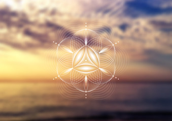 Vector template; Spiritual sacred geometry; Abstract geometric shape based on ancient symbol - "flower of life" on psychedelic natural photographic background; Yoga, meditation and relax.