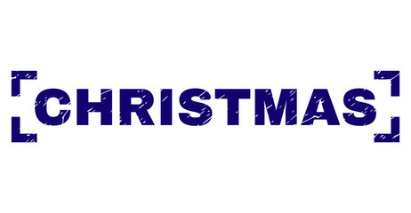 CHRISTMAS title seal print with distress texture. Text tag is placed between corners. Blue vector rubber print of CHRISTMAS with dirty texture.