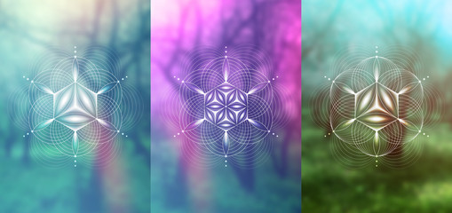 Set of vector templates of cards or poster; Spiritual sacred geometry; Abstract geometric shapes based on ancient symbol - "flower of life" on photographic background; Yoga, meditation and relax.