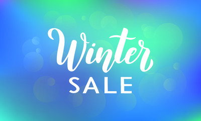 Winter SALE poster with hand written lettering text on blue background with bokeh light effect for advertising and promotion. Vector illustration EPS10.