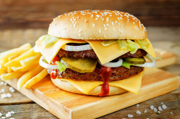Meat Burger with salad, cheese, tomato and ketchup sauce