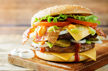 Meat Burger with salad, cheese, tomato and ketchup sauce