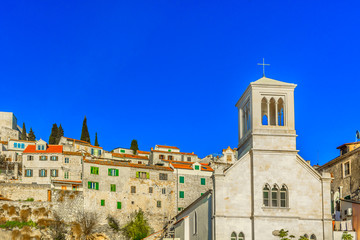 Obraz premium Sibenik architecture medieval scenic. / Scenic view at medieval famous traditional architecture in Sibenik town, Dalmatia Croatia.
