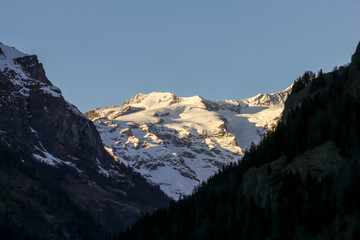 Panoramic view of the Gressoney valley at sunset in winter