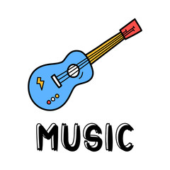 Hand draw guitar icon in doodle style for your design with lettering